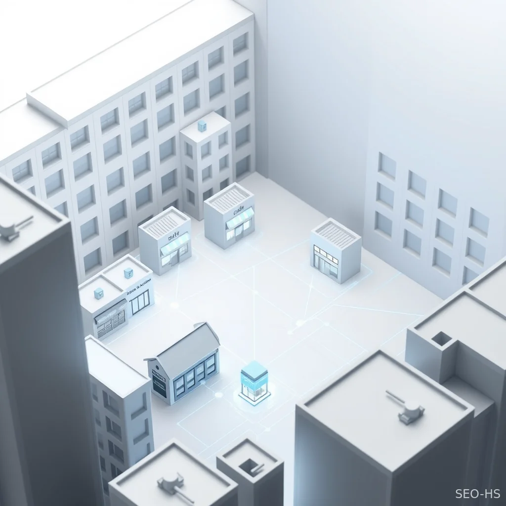 Isometric conceptual visualization of digital data nodes connecting physical storefronts into a knowledge graph.