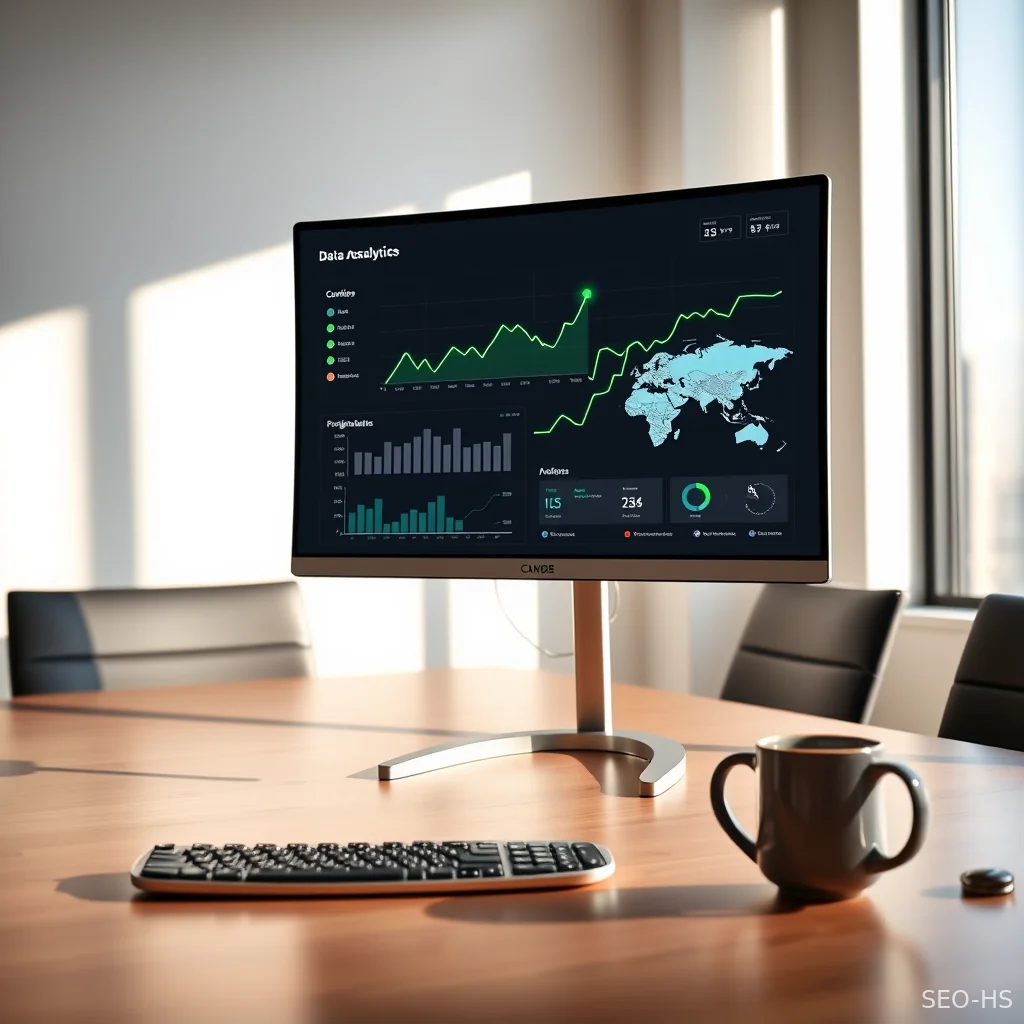 Analytics dashboard on a curved monitor showing upward-trending performance charts and geographic maps.