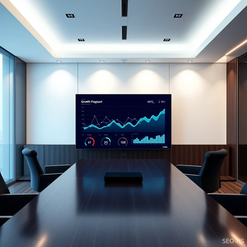 A clean digital dashboard displaying growth metrics and connected search performance nodes.