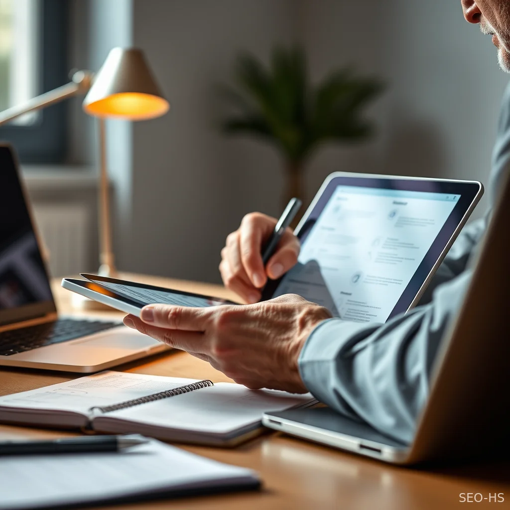 A professional reviewing digital content on a tablet to ensure strategic quality and brand alignment.
