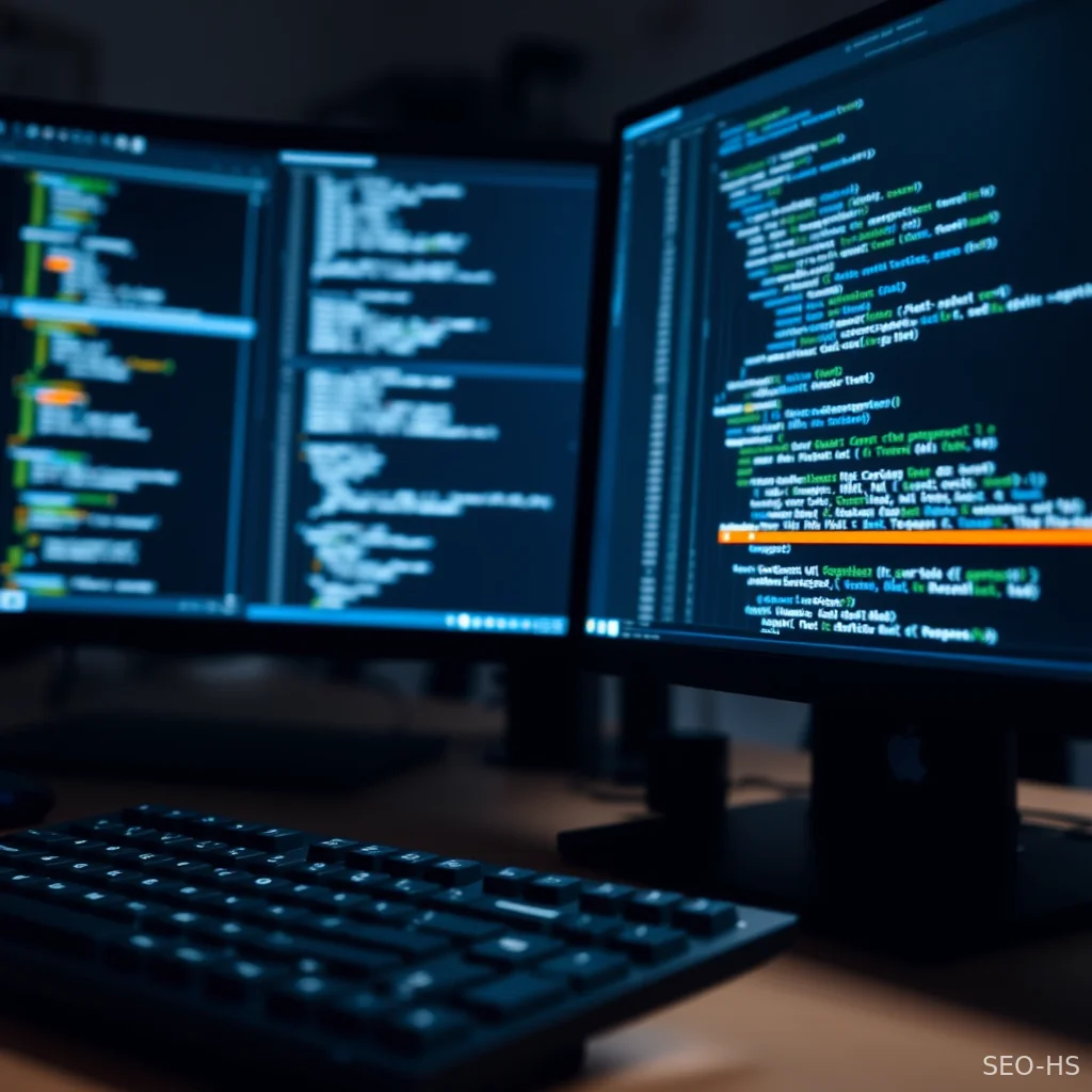 A developer workstation displaying structured code on dual monitors in a dark theme editor.