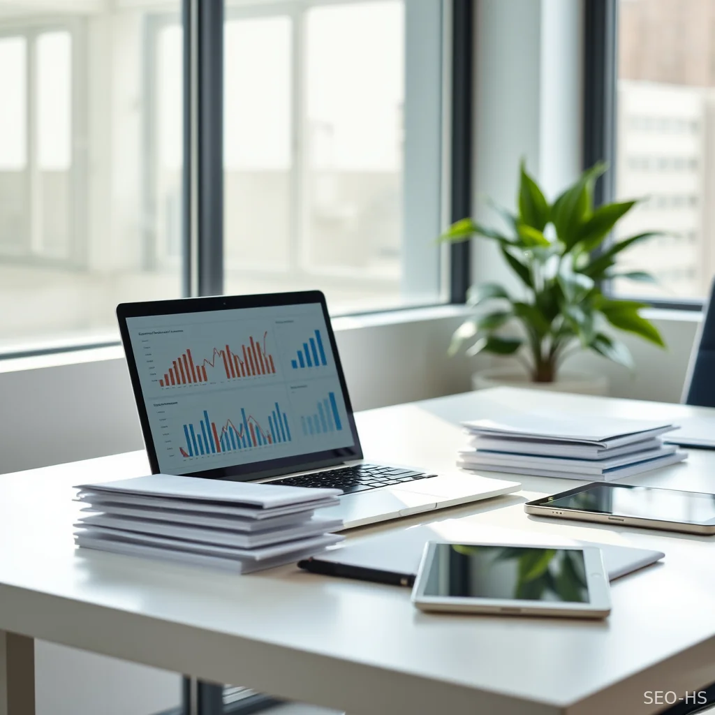 A clean modern desk workspace displaying financial charts and documents under natural daylight.