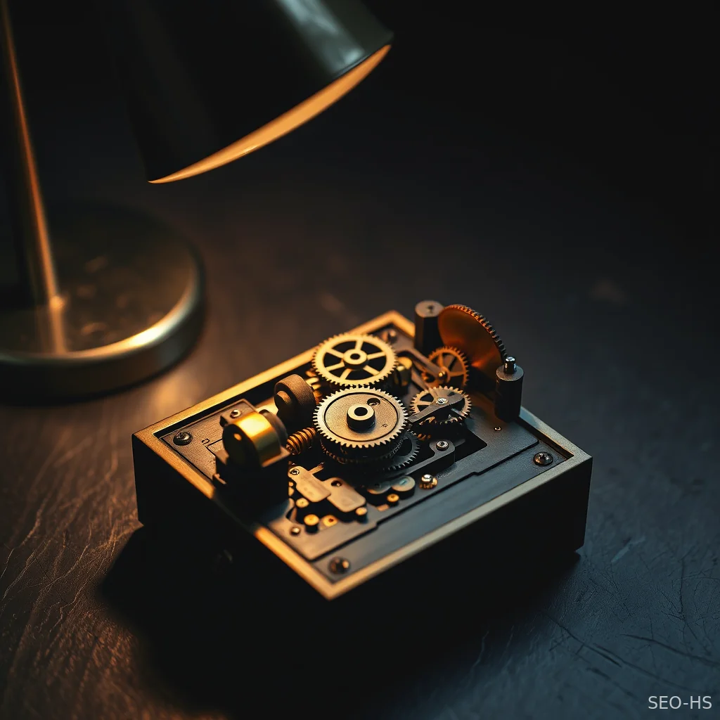 A disassembled mechanical puzzle box under a focused desk lamp representing opaque software audits.
