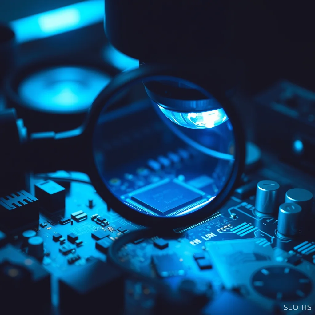 A magnifying glass inspecting detailed circuit board traces during technical diagnostic investigations.