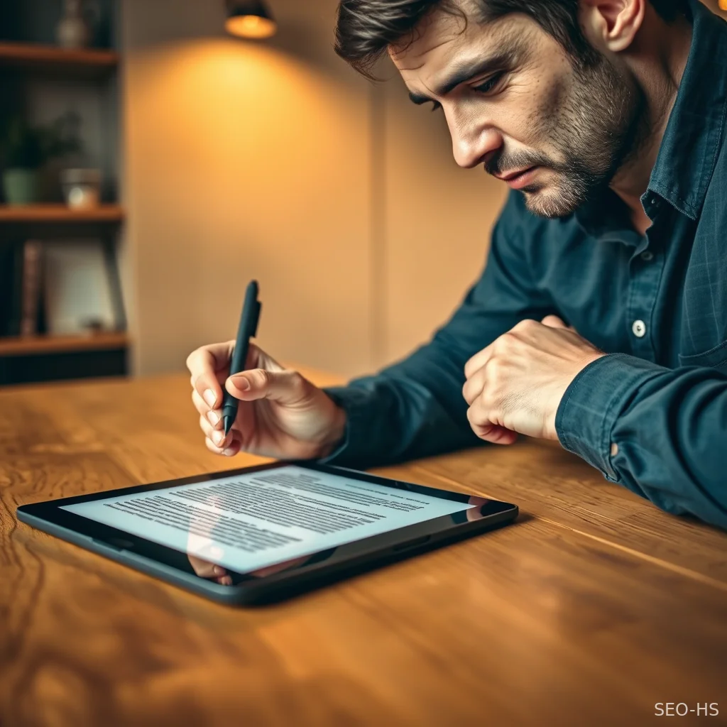 A professional editor carefully reviewing digital content on a tablet to protect brand voice.