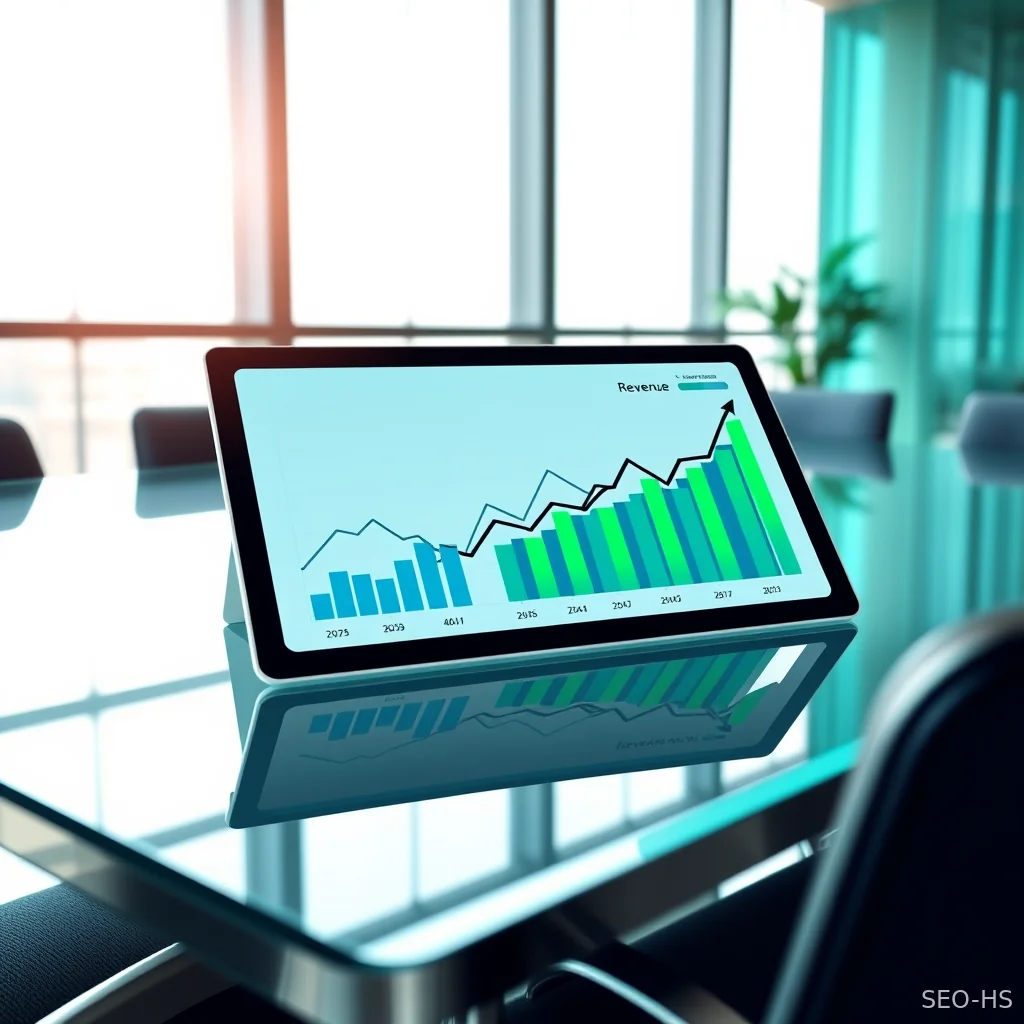 A tablet on a boardroom table displaying ascending revenue attribution and conversion growth charts.