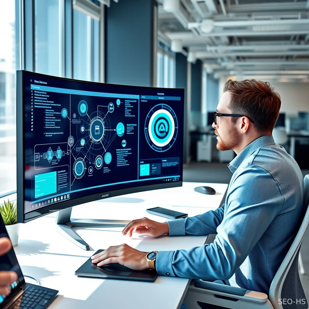 Professional software strategist collaborating with advanced AI systems in a modern office.