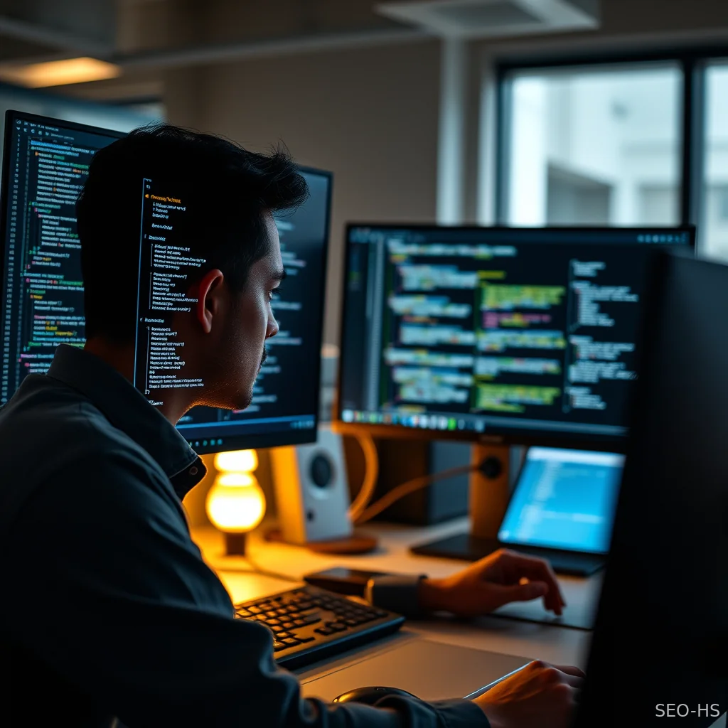 A software developer focused on complex code interfaces in a modern tech workspace.
